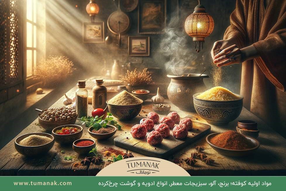 مواد اولیه طرز تهیه کوفته ساده؛ برنج، گوشت چرخ‌کرده، آلو، ادویه و سبزیجات معطر